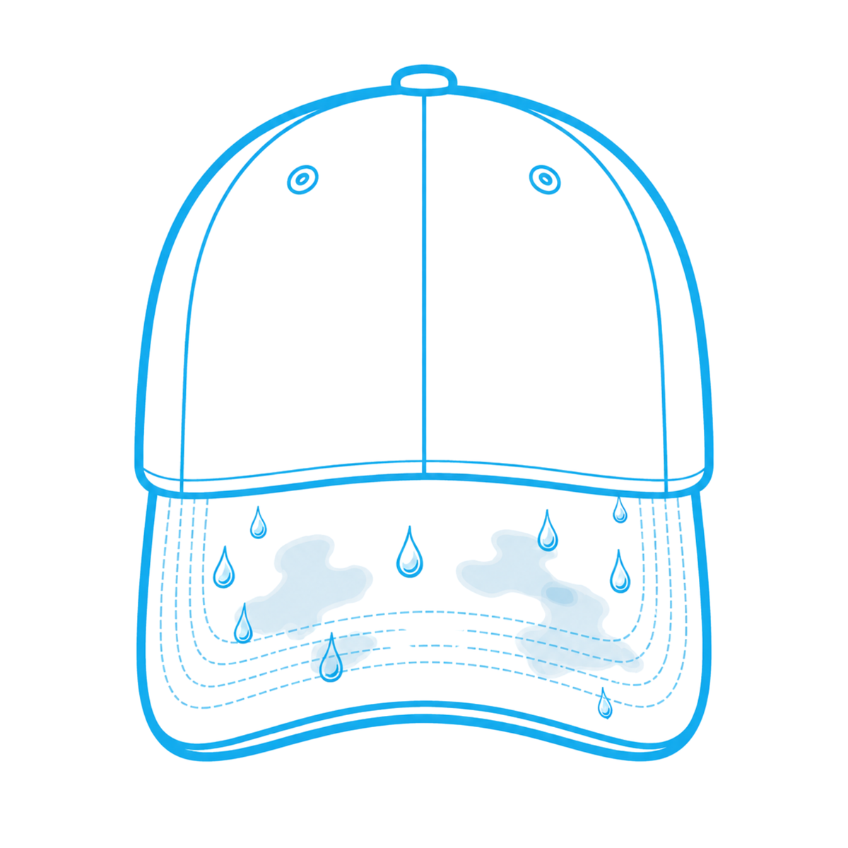 Baseball cap with sweat droplets and stains across the brim