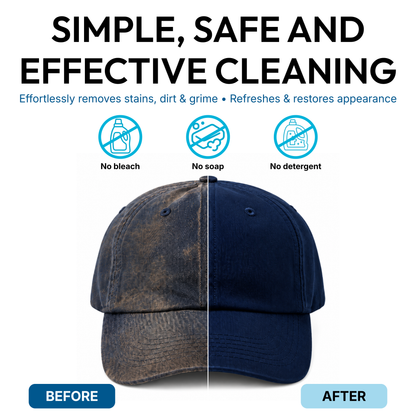 Before and after baseball cap cleaning showing dirt and stains removed with a hat cleaning kit