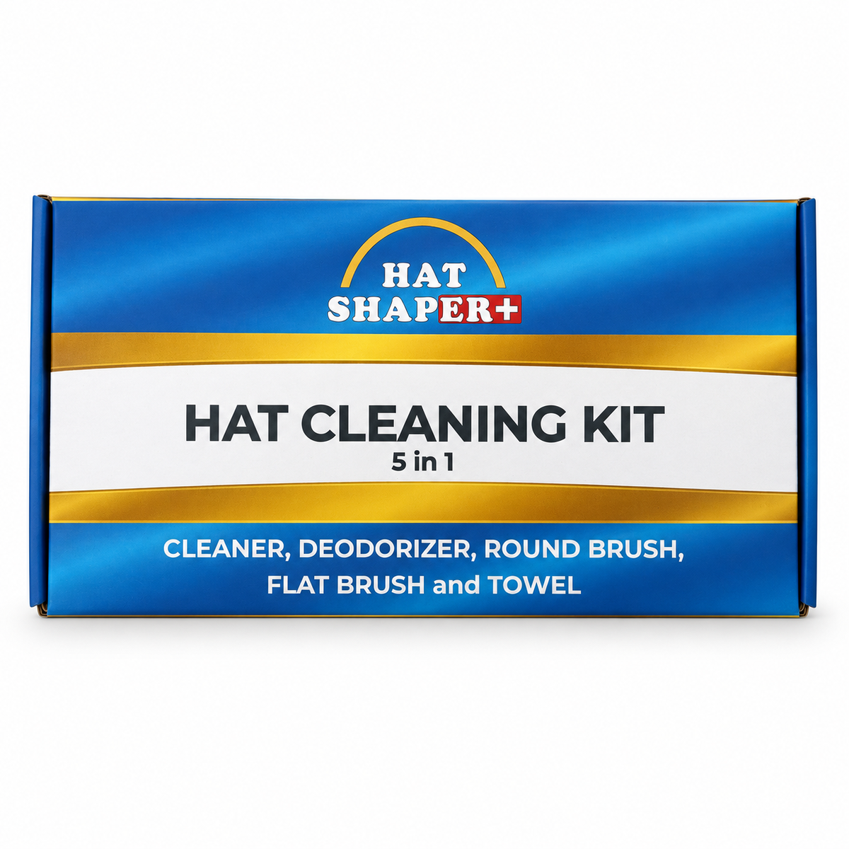 Hat Shaper 5-in-1 Hat Cleaning Kit box with foam cleaner, deodorizer, round brush, flat brush, and microfiber towel.