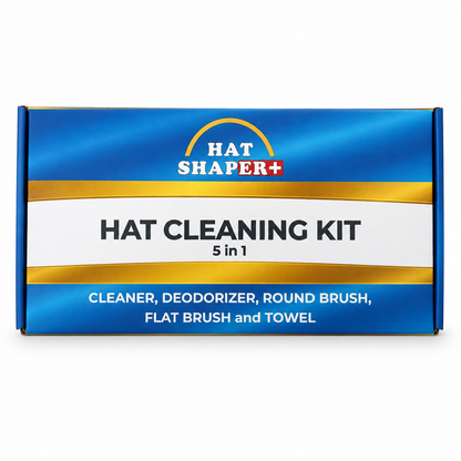Hat Shaper 5-in-1 Hat Cleaning Kit box with foam cleaner, deodorizer, round brush, flat brush, and microfiber towel.