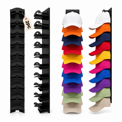2-pack wall-mounted hat organizer shown from front and side with multiple baseball caps stored vertically on each rack
