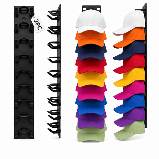 2-pack wall-mounted hat organizer shown from front and side with colorful baseball caps stored vertically on the racks