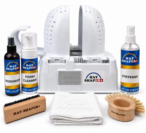 Founder's Pick hat care bundle with Hat Shaper, stiffening spray, foam cleaner, deodorizer, microfiber cloth, flat brush, and round cleaning brush.