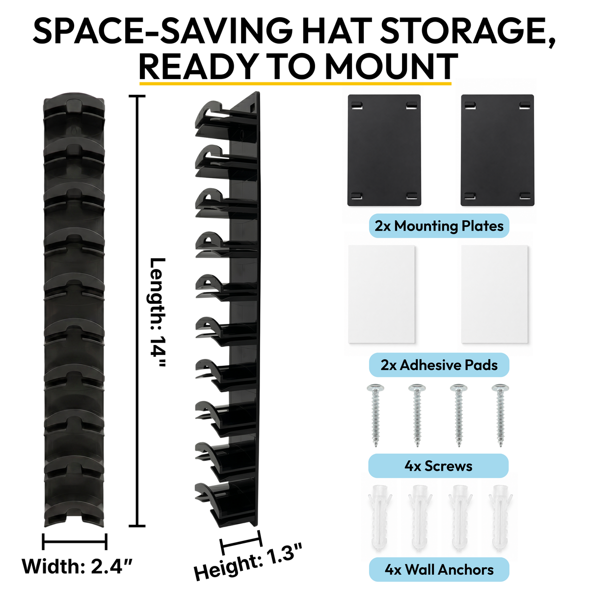 10-up wall-mounted hat organizer dimensions with mounting plates, adhesive pads, screws, and wall anchors