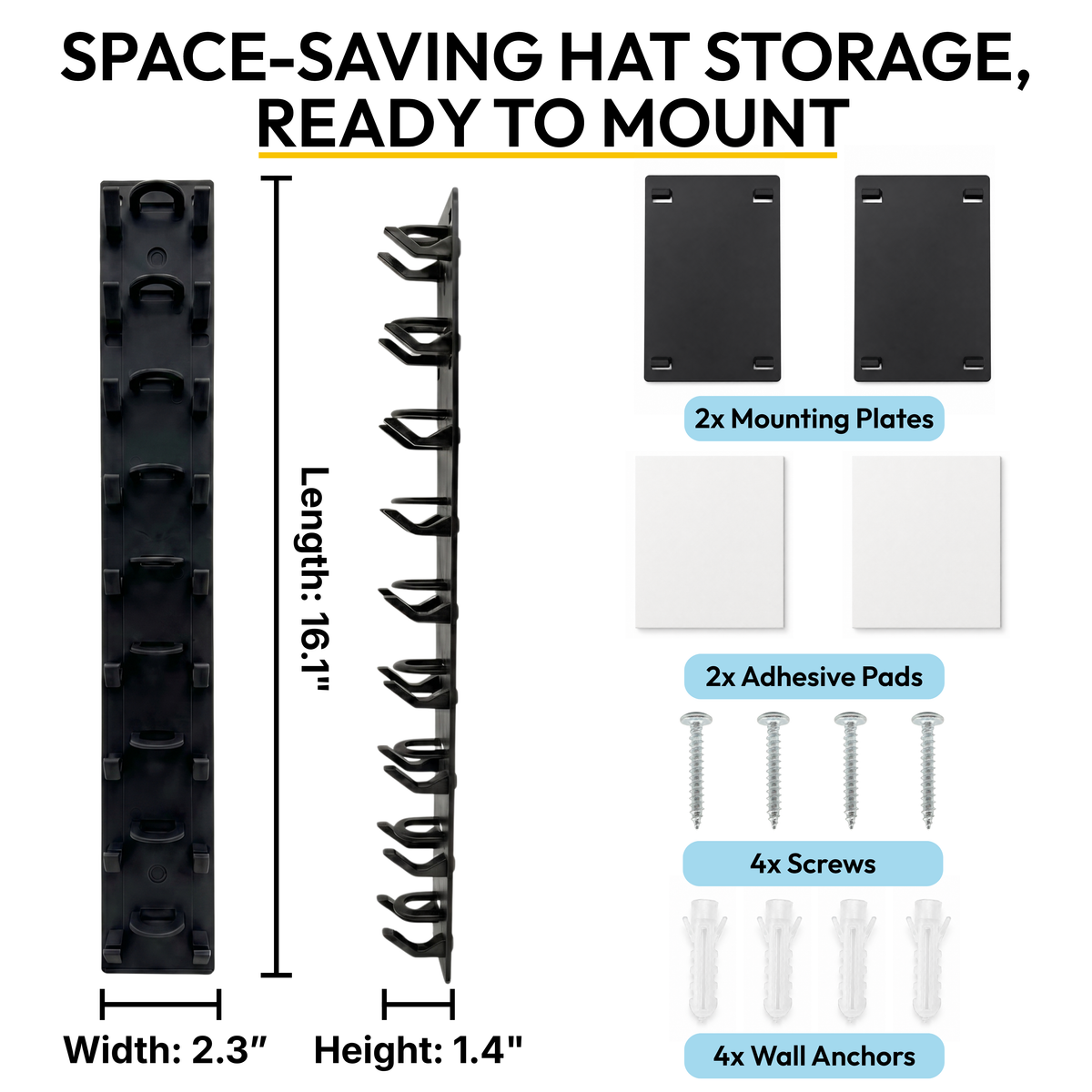 9-up wall-mounted hat organizer dimensions with mounting plates, adhesive pads, screws and wall anchors