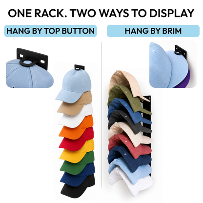 Wall-mounted hat organizer showing two ways to display baseball caps by the top button or by the brim