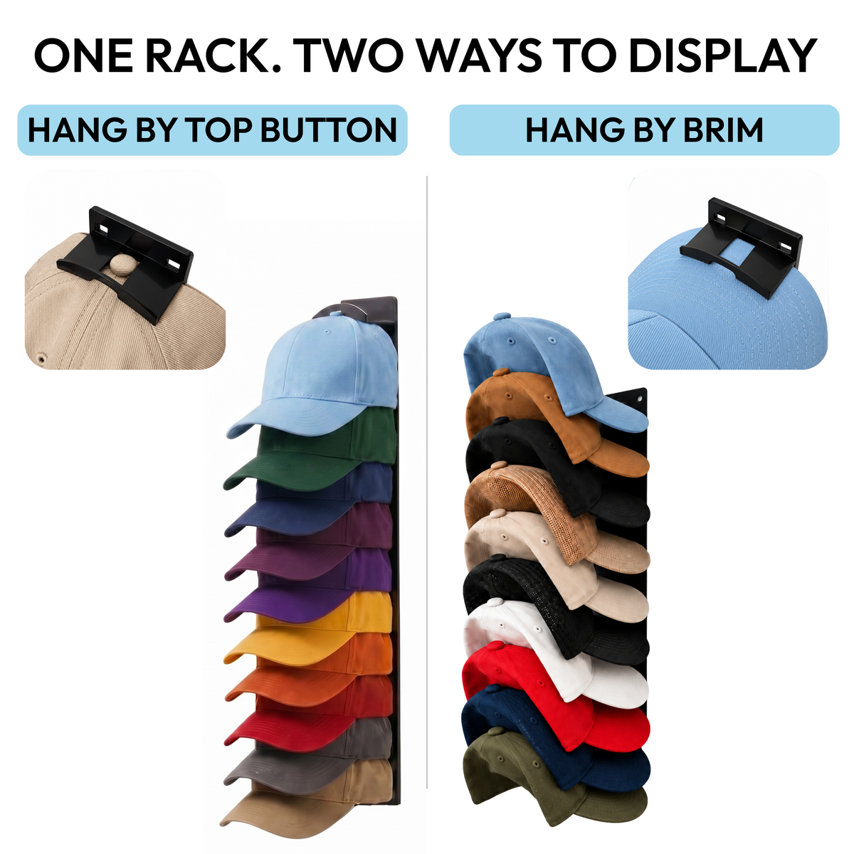 Wall-mounted hat organizer showing two ways to hang baseball caps by the top button or brim