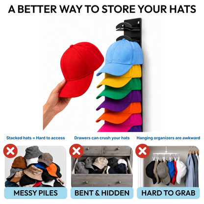 Hat organizer compared with messy piles, crushed hats, and hard-to-reach cap storage