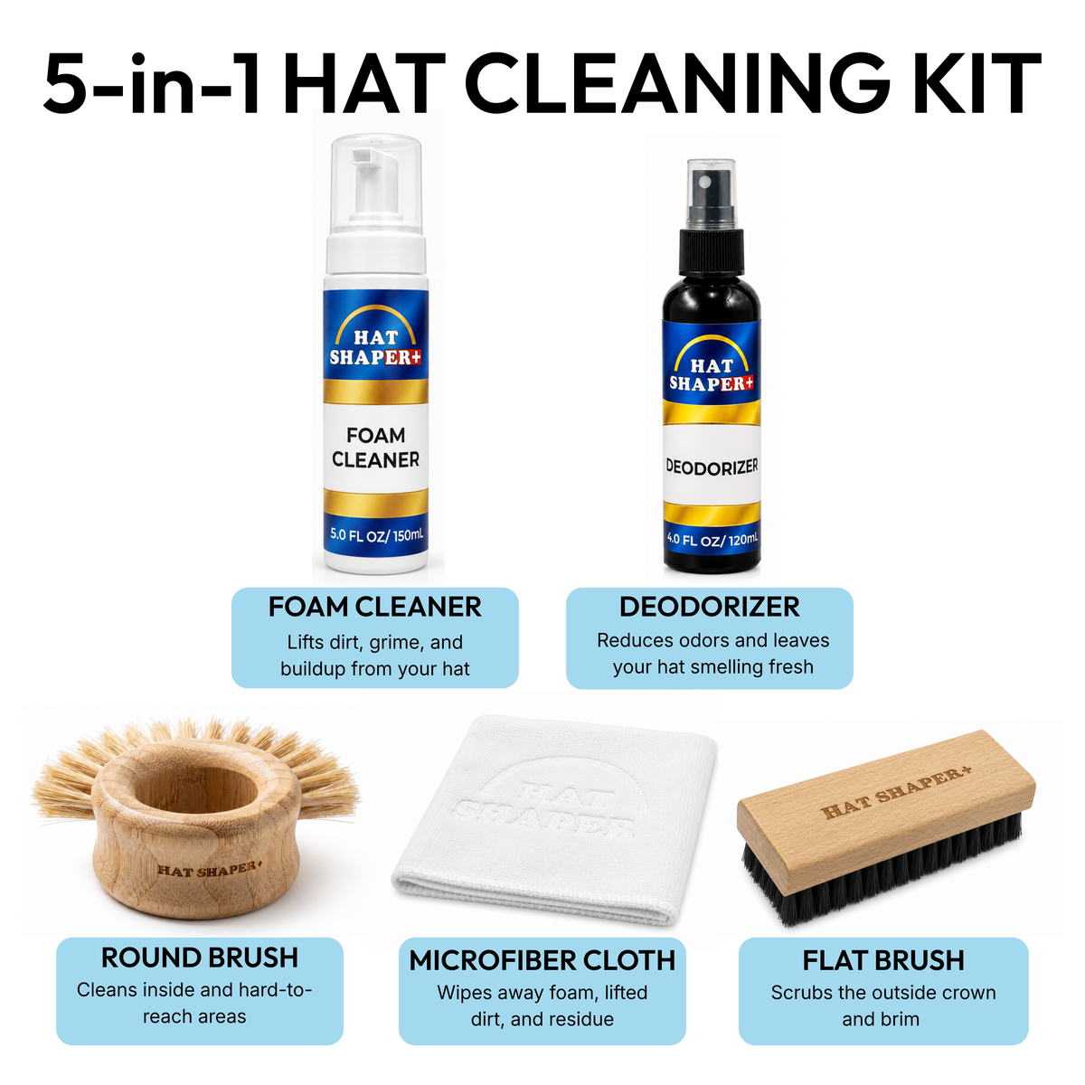 5-in-1 hat cleaning kit with foam cleaner, deodorizer, microfiber cloth, round brush and flat brush