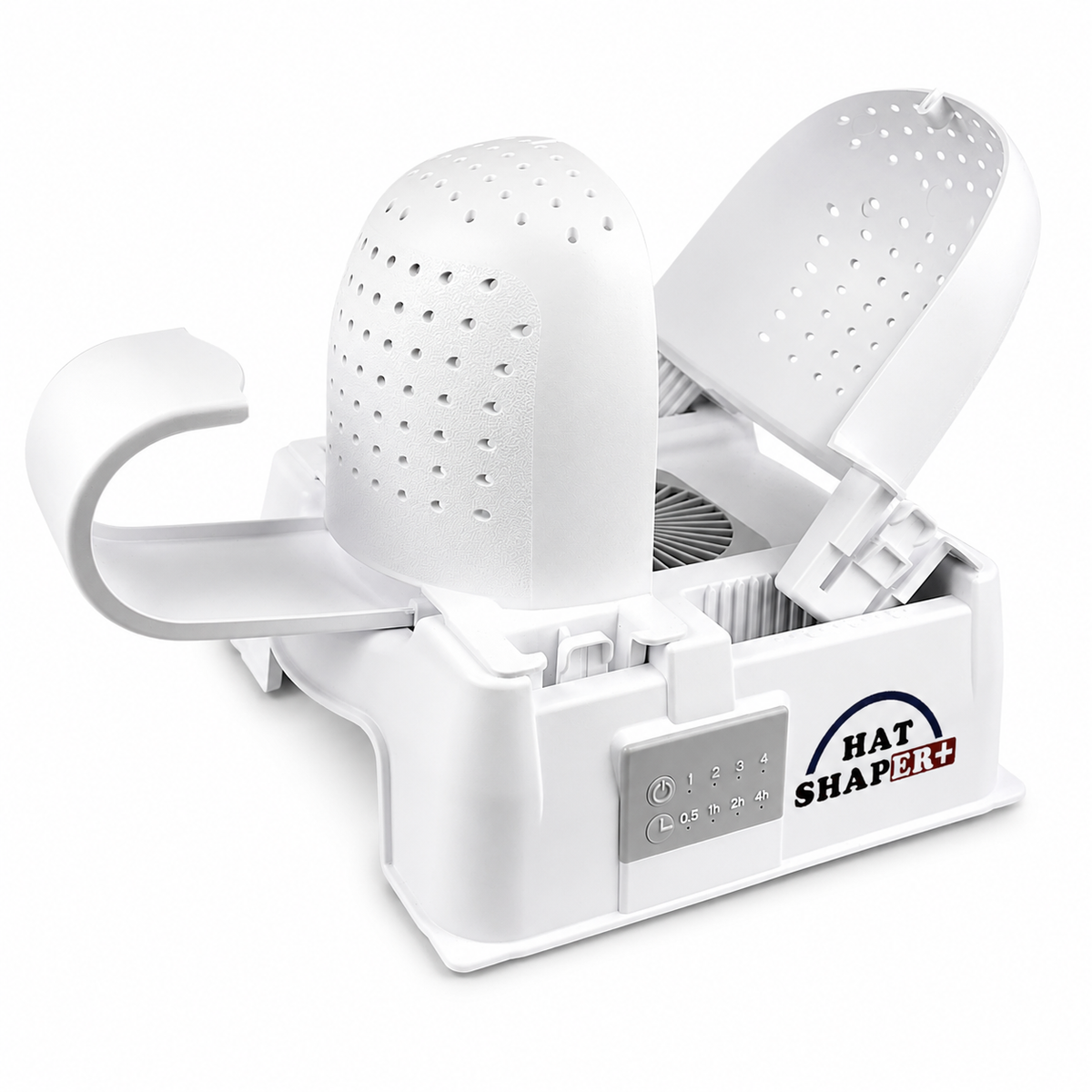 Hat Shaper adjustable hat reshaping device with crown form, airflow fan, adjustable supports, and timer controls for reshaping baseball caps.