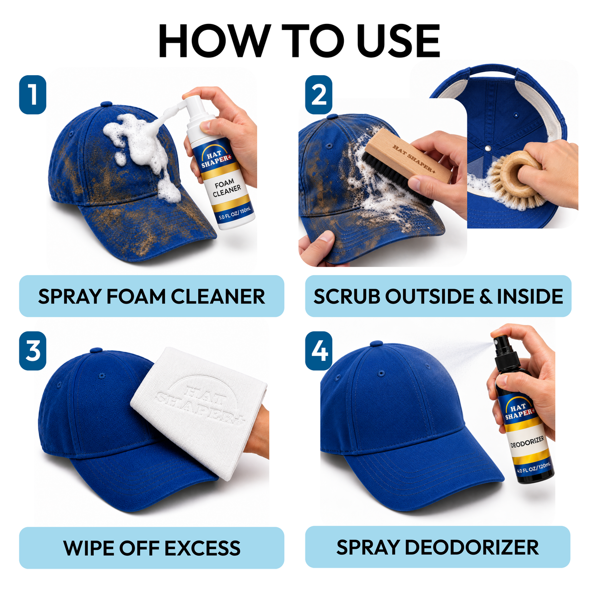 How to use a hat cleaning kit to spray, scrub, wipe and deodorize a baseball cap