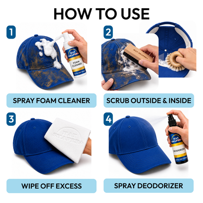 How to use a hat cleaning kit to spray, scrub, wipe and deodorize a baseball cap