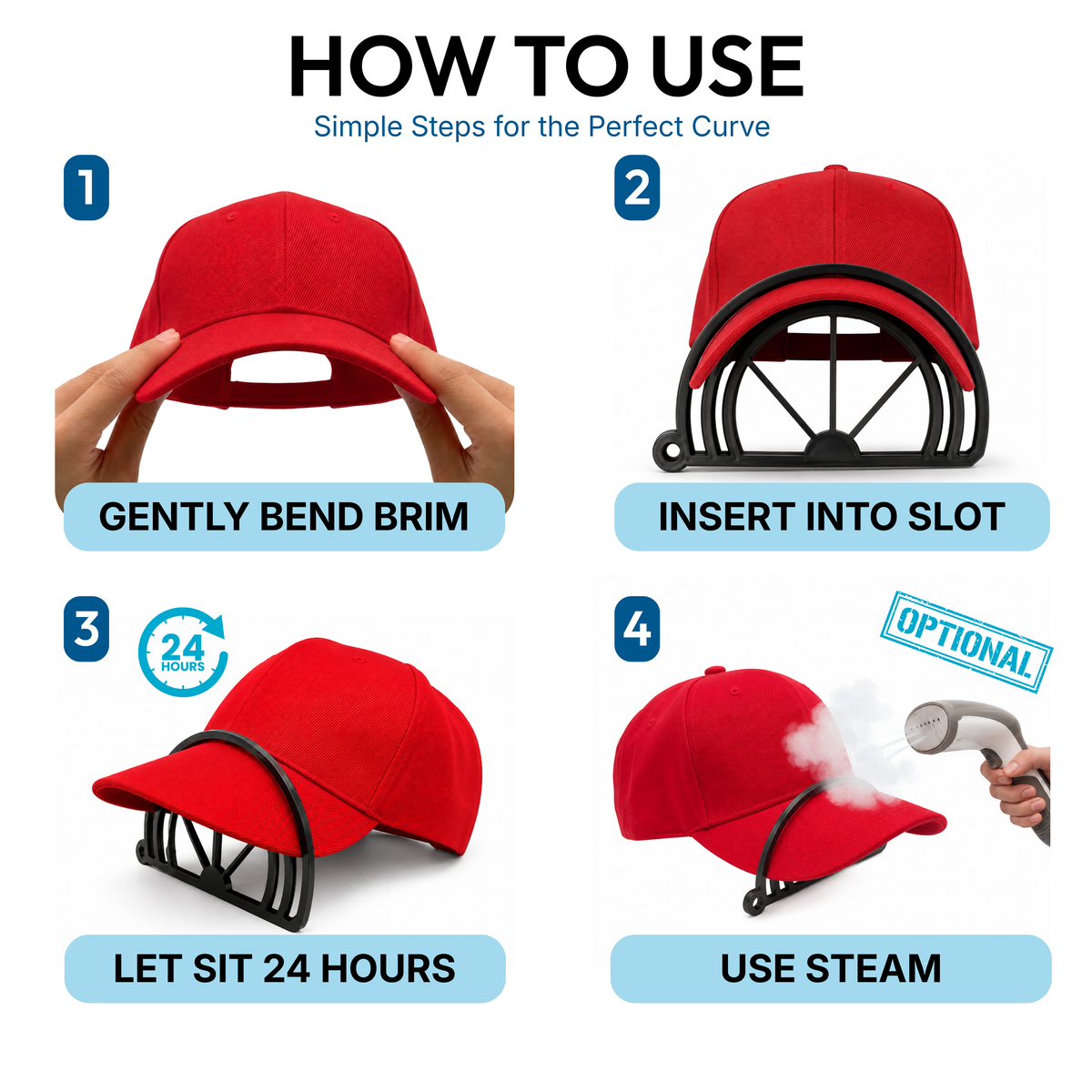 How to use the Brim Bender to curve a baseball cap brim in four simple steps