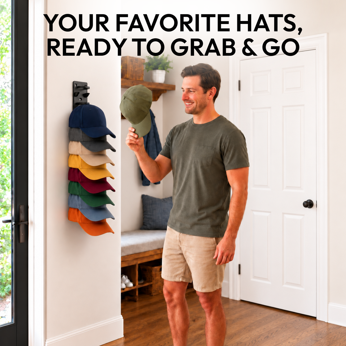 Man using a wall-mounted hat organizer for quick access to baseball caps in an entryway