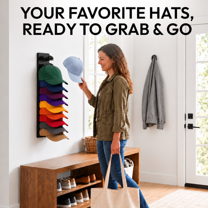Woman using a wall-mounted hat organizer for quick access to baseball caps in an entryway