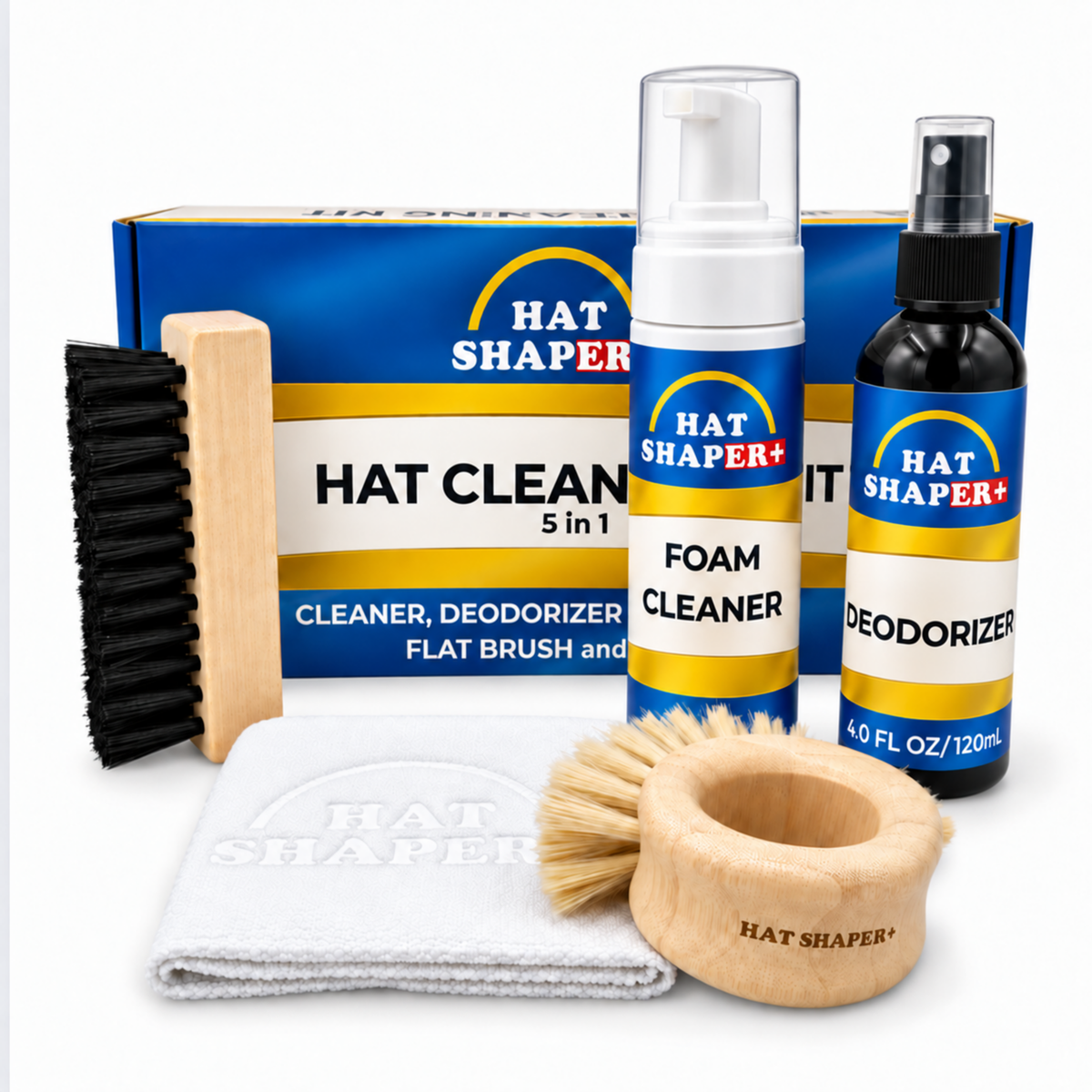 5-in-1 hat cleaning kit with foam cleaner, deodorizer, microfiber cloth, round brush and flat brush for cleaning baseball caps