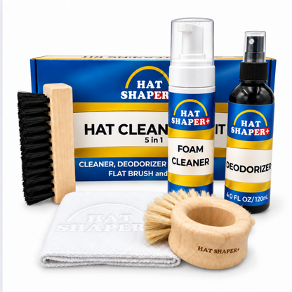 5-in-1 hat cleaning kit with foam cleaner, deodorizer, microfiber cloth, round brush and flat brush for cleaning baseball caps