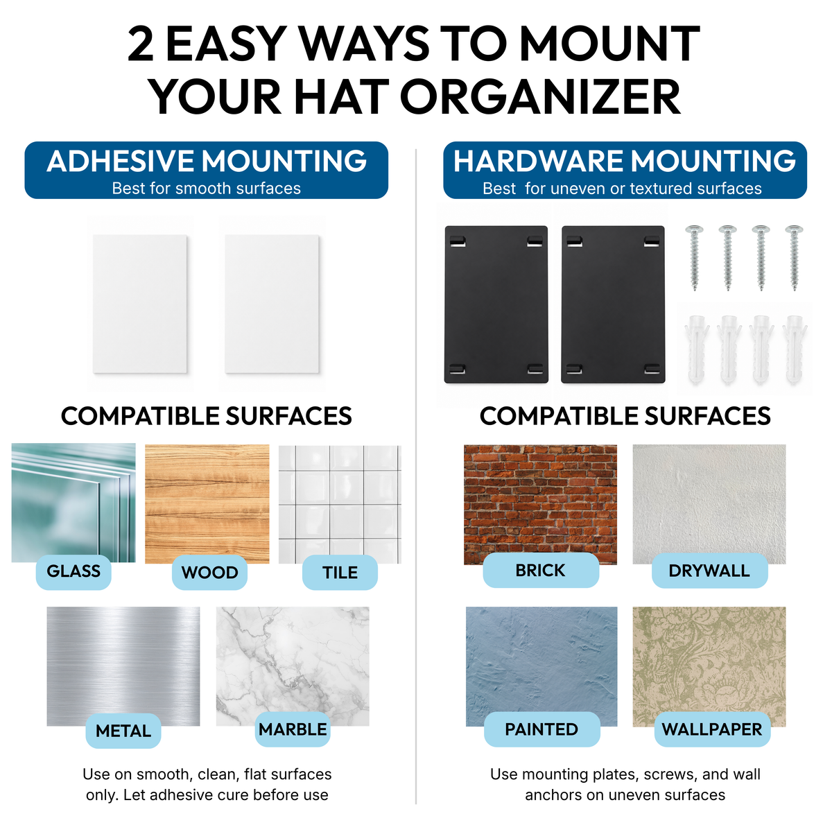 Hat organizer mounting options using adhesive pads on smooth surfaces or screws and anchors on textured walls