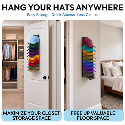 Wall-mounted hat organizer shown on a closet door and bedroom wall for space-saving cap storage