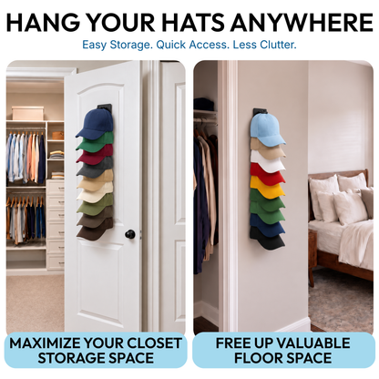 Wall-mounted hat organizer shown on a closet door and bedroom wall for space-saving cap storage