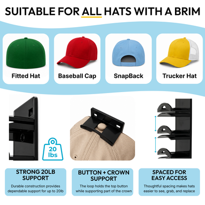 Hat organizer for fitted hats, baseball caps, snapbacks, and trucker hats with secure button-hold storage