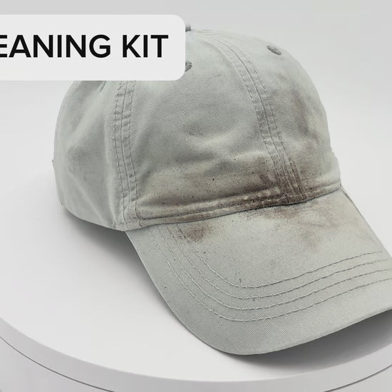 Video demonstrating how to clean a baseball cap using the Hat Cleaning Kit with foam cleaner, flat brush, round brush, microfiber towel, and deodorizer