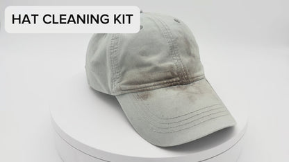 Video demonstrating how to clean a baseball cap using the Hat Cleaning Kit with foam cleaner, flat brush, round brush, microfiber towel, and deodorizer